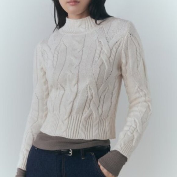 Mango Sweaters - Mango Cream Turtleneck Long Sleeve Cable Knit Sweater Size Medium EUC